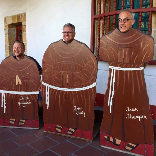 Pastor Mark at the Santa Barbara Franciscan Mission with two Canadian Pastor friends - John Paul and Matt